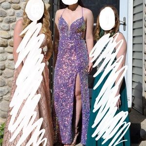 Purple gold sequin prom dress, body con flare, high slit, full length, open back